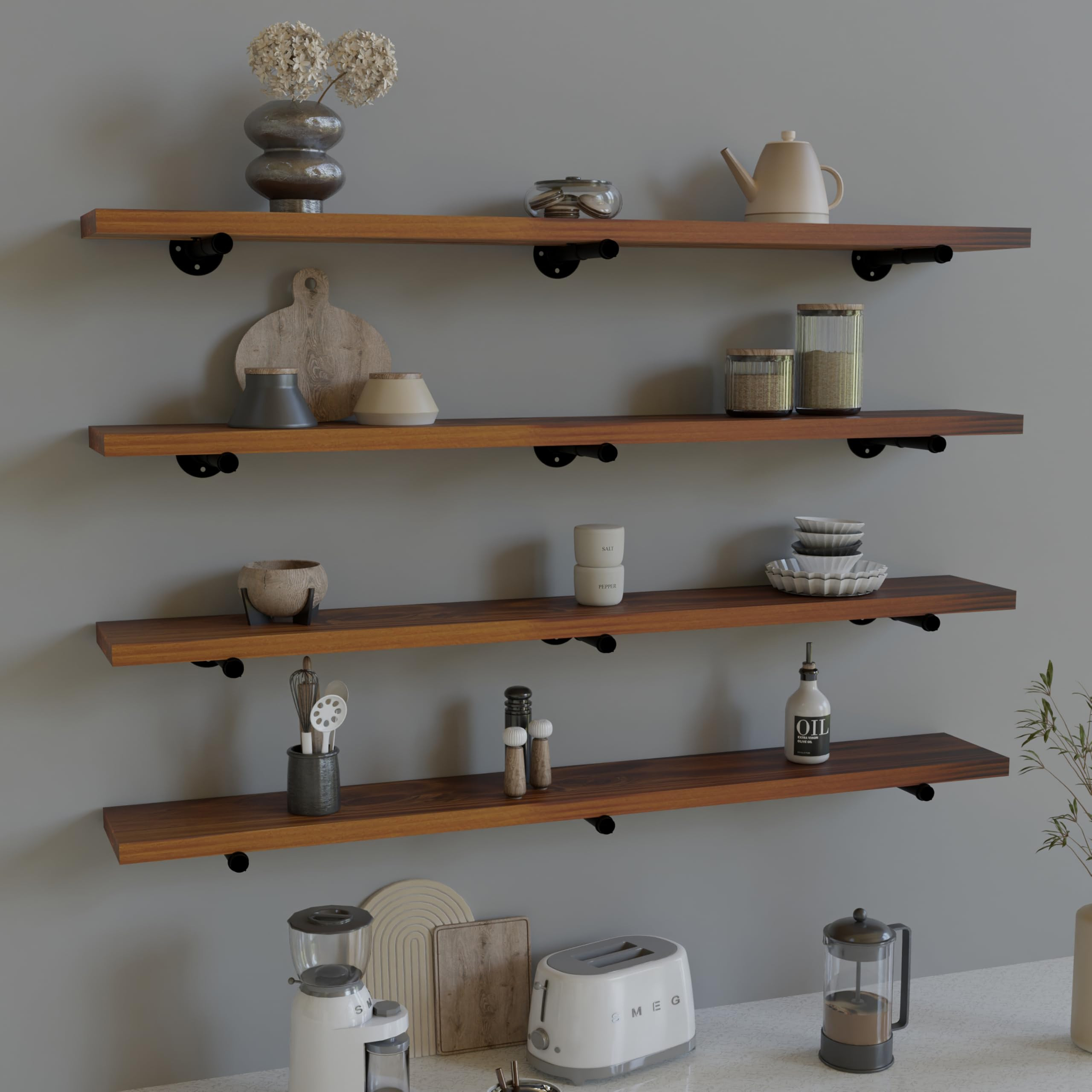 Industrial Pipe Wall Wood Shelves,Real Wooden Shelves 48" in Walnut Color with 1.2" Extra Thickne... | Amazon (US)