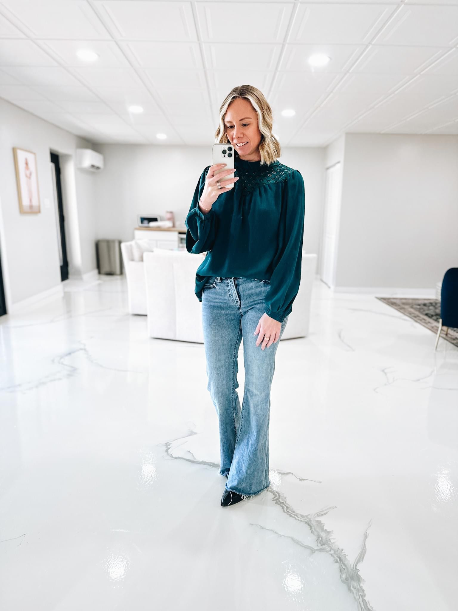 This outfit is perfect for meetings! Click the links to check it out! 
Fashionablylatemom 
Blouse 
Flare jeans 
Booties 
Amazon blouse 

#LTKstyletip