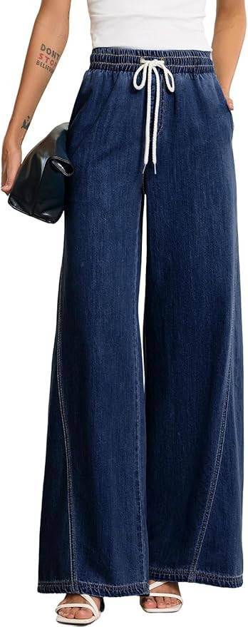 Sidefeel Women's Wide Leg Baggy Jeans High Waisted Elastic Waist Loose Fit Drawstring Long Denim ... | Amazon (US)