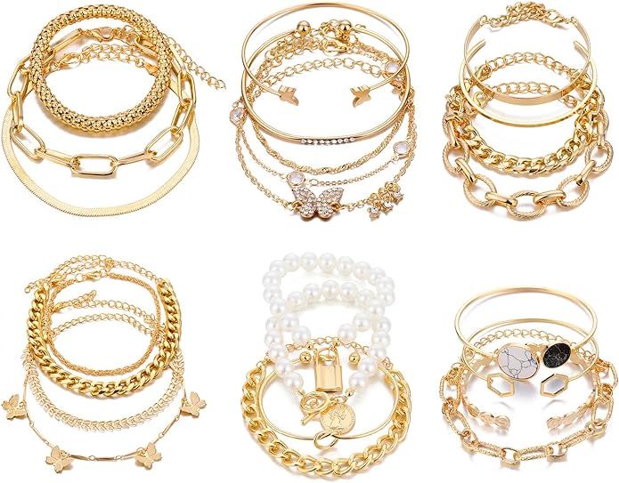 IFKM 6 PACK (24 PCS) Boho Gold Chain Bracelets Set for Women Girls, 14K Gold Plated Multiple Laye... | Amazon (US)