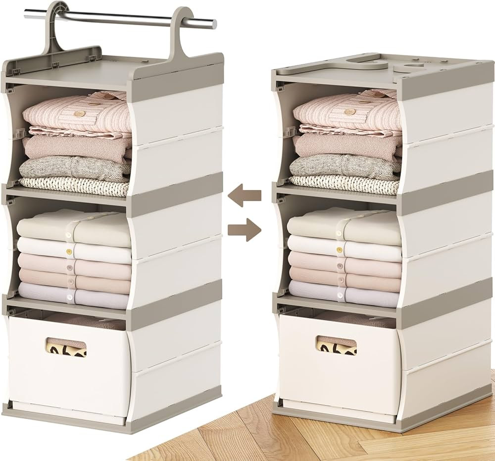 HAIXIN 3-Tier Plastic Hanging Shelf Closet Storage Organizer with 1 Removable Drawer, Sturdy & Fo... | Amazon (US)