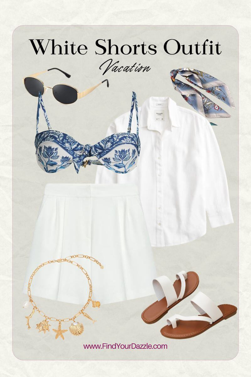 Vacation outfit idea for a warm weather getaway. White shorts outfit idea with a bikini top, and button down top.

#LTKSeasonal #LTKTravel #LTKFindsUnder100