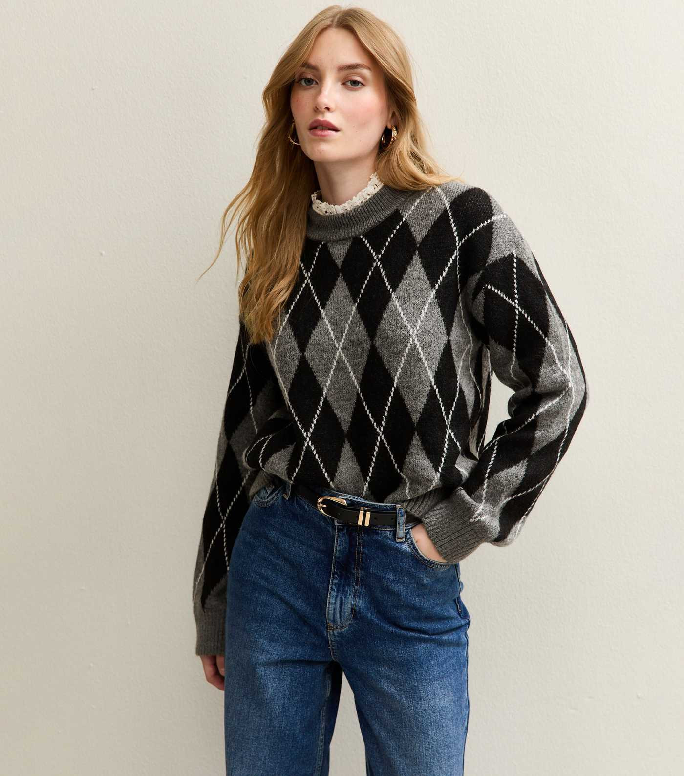 Grey Argyle Crew Neck Midweight Knit Jumper | New Look | New Look (UK)
