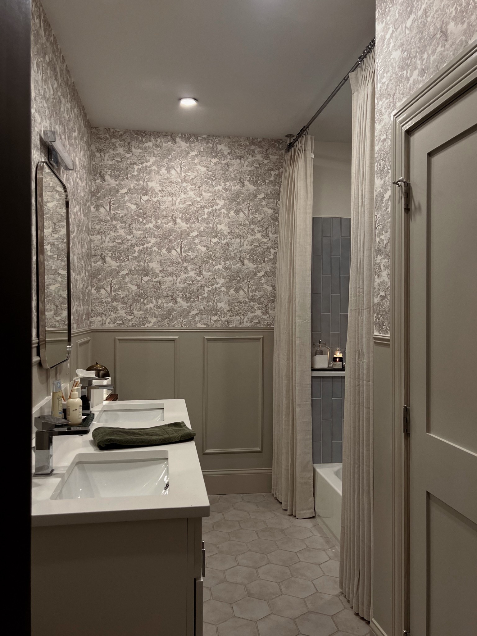 Guest bath! Paint color is revere pewter 
Shower tile: La Belle Air Polished Ceramic Tile
Floor: Ivy Hill Tile Hayes Blanco 7.87 in. x 9.44 in. Matte Porcelain