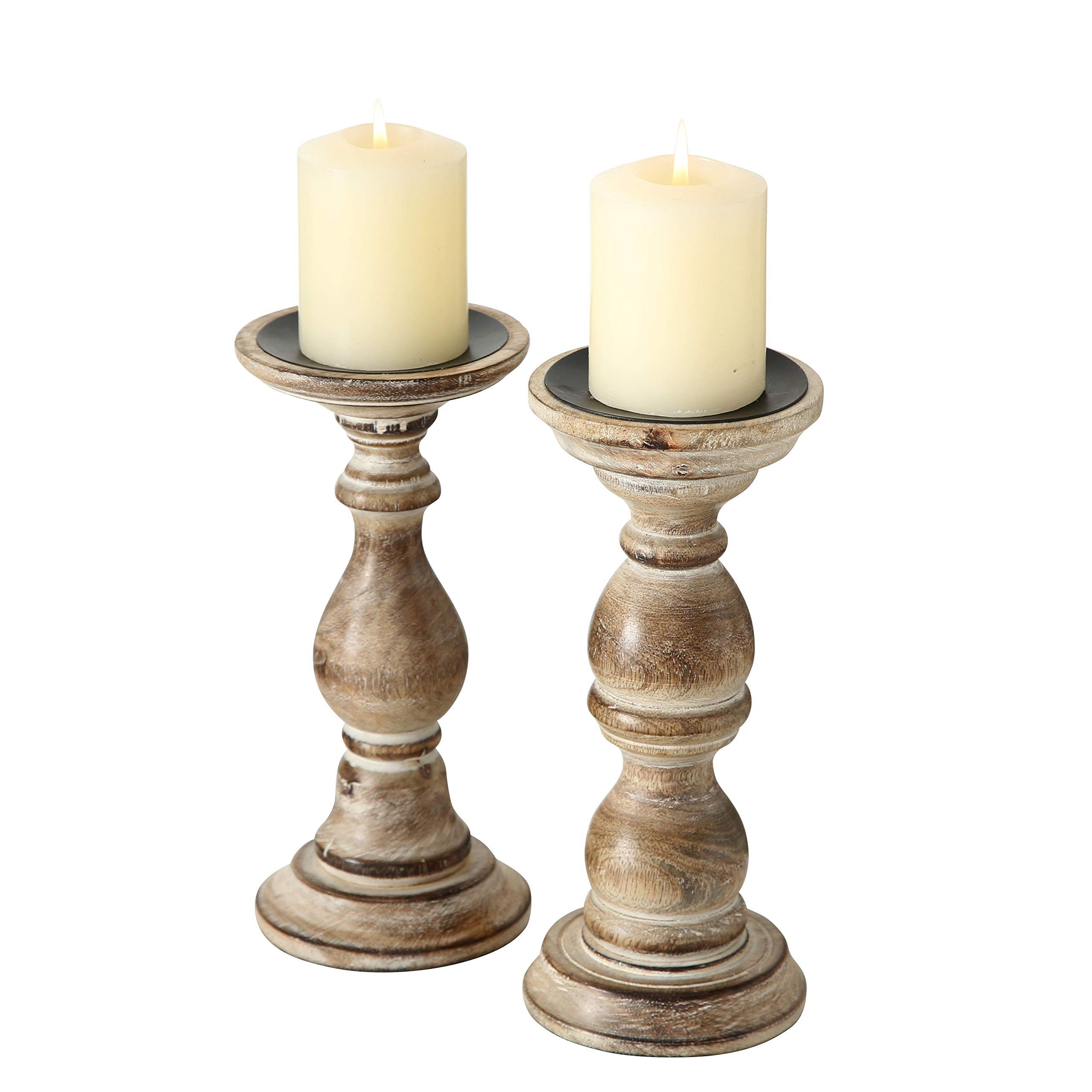 WHW Whole House Worlds Rustic Stockbridge Wooden Candle Holders, Set of 2, Spiked Metal Top, Rounded | Amazon (US)