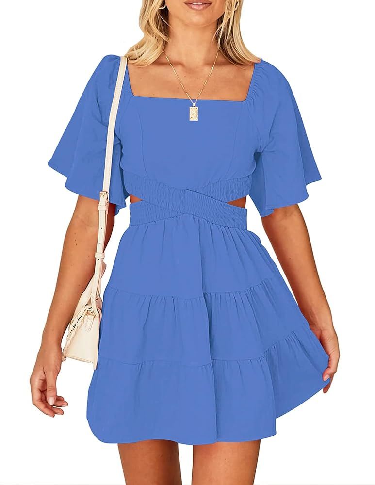 Women's Summer Dresses Square Neck Casual Short Sleeves Crossover Elastic Waist Party Mini Dress | Amazon (US)