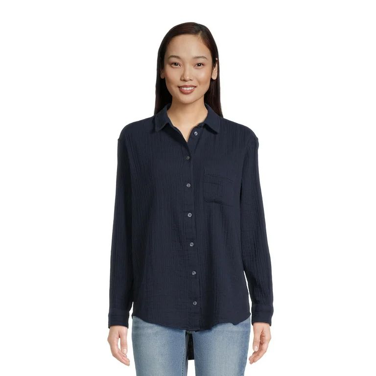 Time and Tru Women’s Double Cloth Shirt with Long Sleeves, Sizes XS-XXXL | Walmart (US)