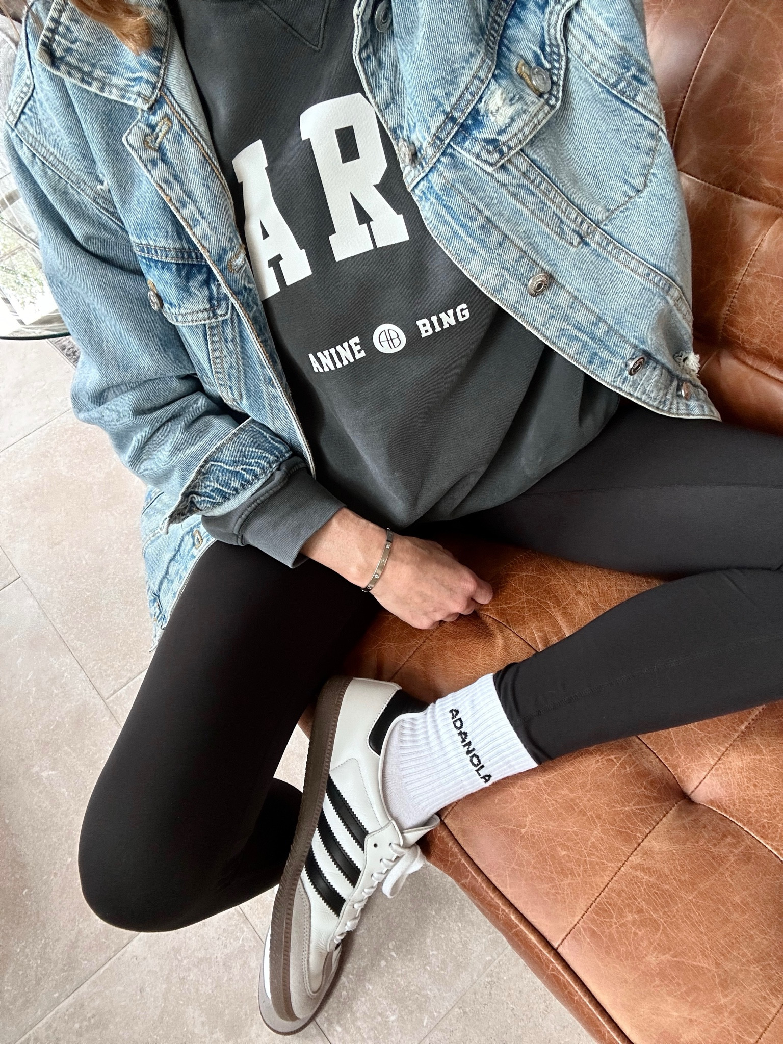 Anine Bing sweatshirt, Adanola leggings, oversized denim jacket and Adidas Sambas ✔️ 

#casualstyle 

#LTKuk #LTKstyletip #LTKshoes