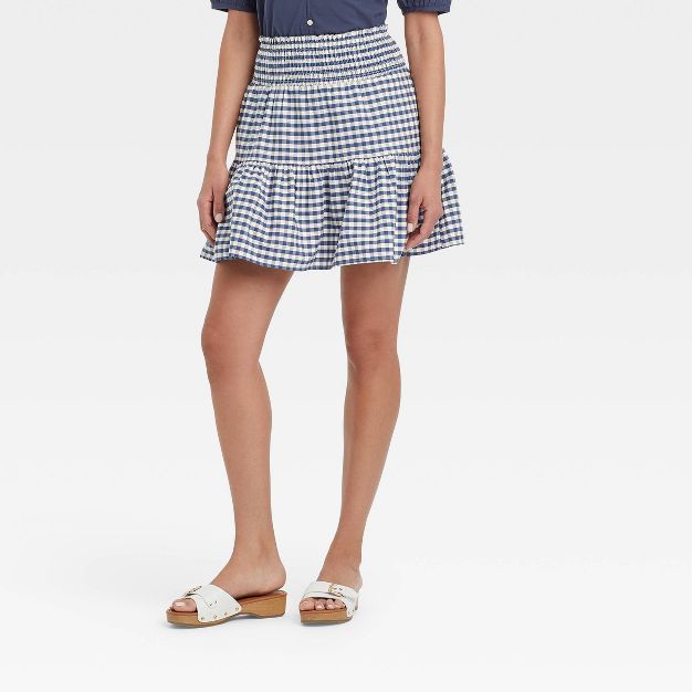 Women's High-Rise Tiered Mini A-Line Skirt - Universal Thread™ Gingham Check Blue | Target
