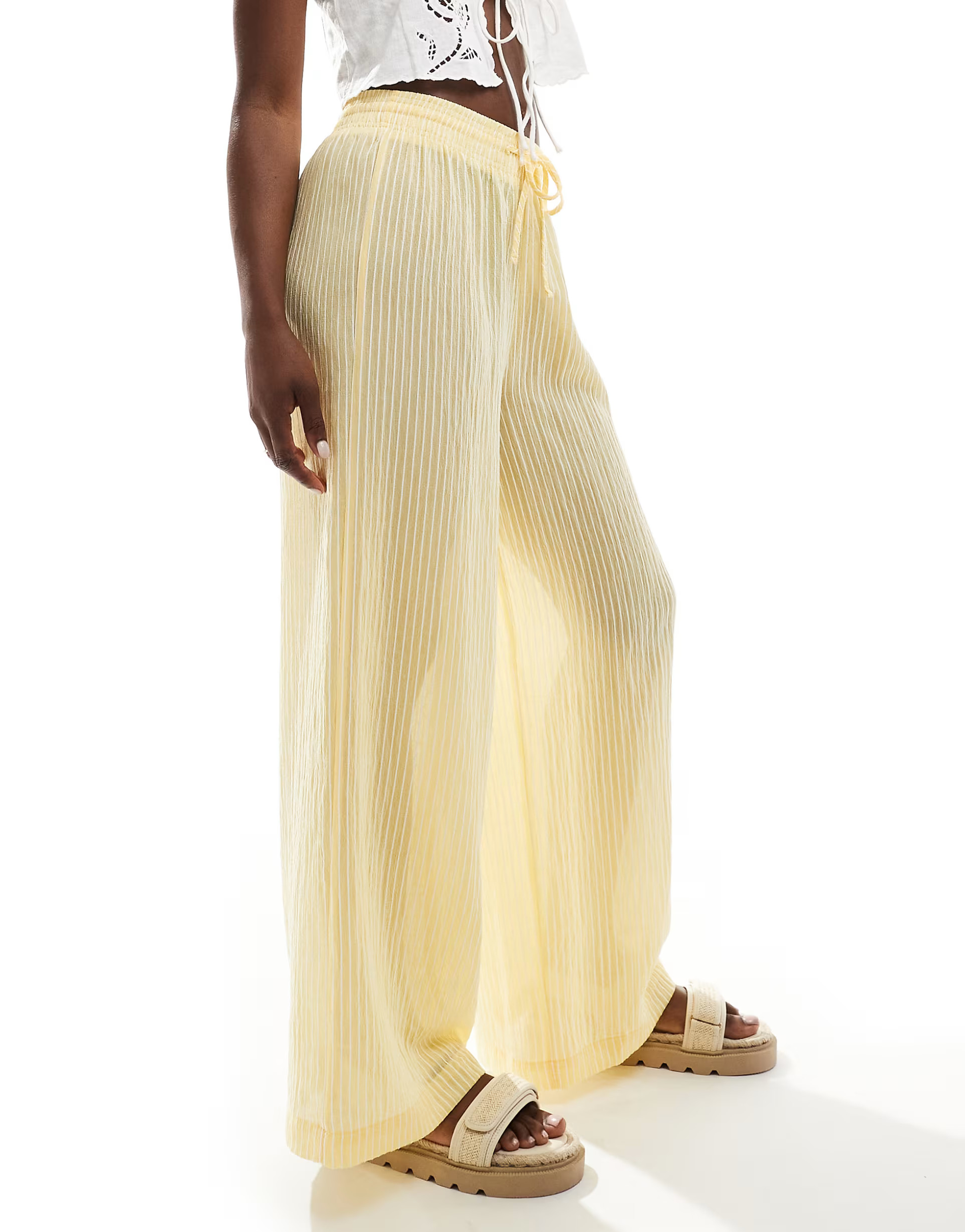 Bershka tie waist seersucker wide leg pants in butter stripe | ASOS (Global)