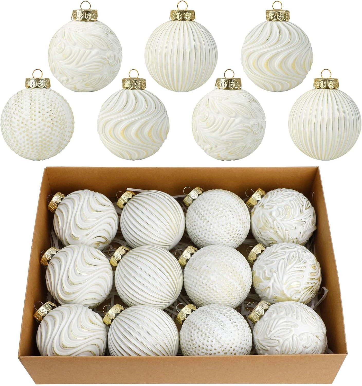 White and Gold Christmas Ornaments Set, 12 Pcs 3.15 inches Christmas Tree Decorations Large Shatt... | Amazon (US)