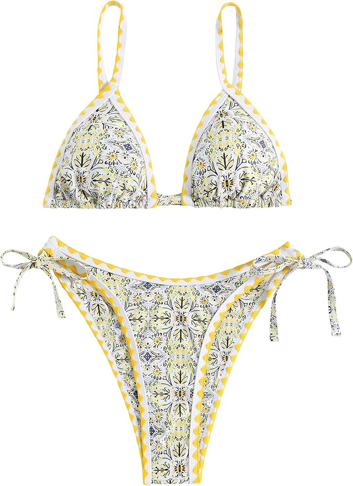 ZAFUL Women's Swimsuits Boho Floral Print String Thong Bikini Set Sexy High Cut Swimwear Bathing ... | Amazon (US)