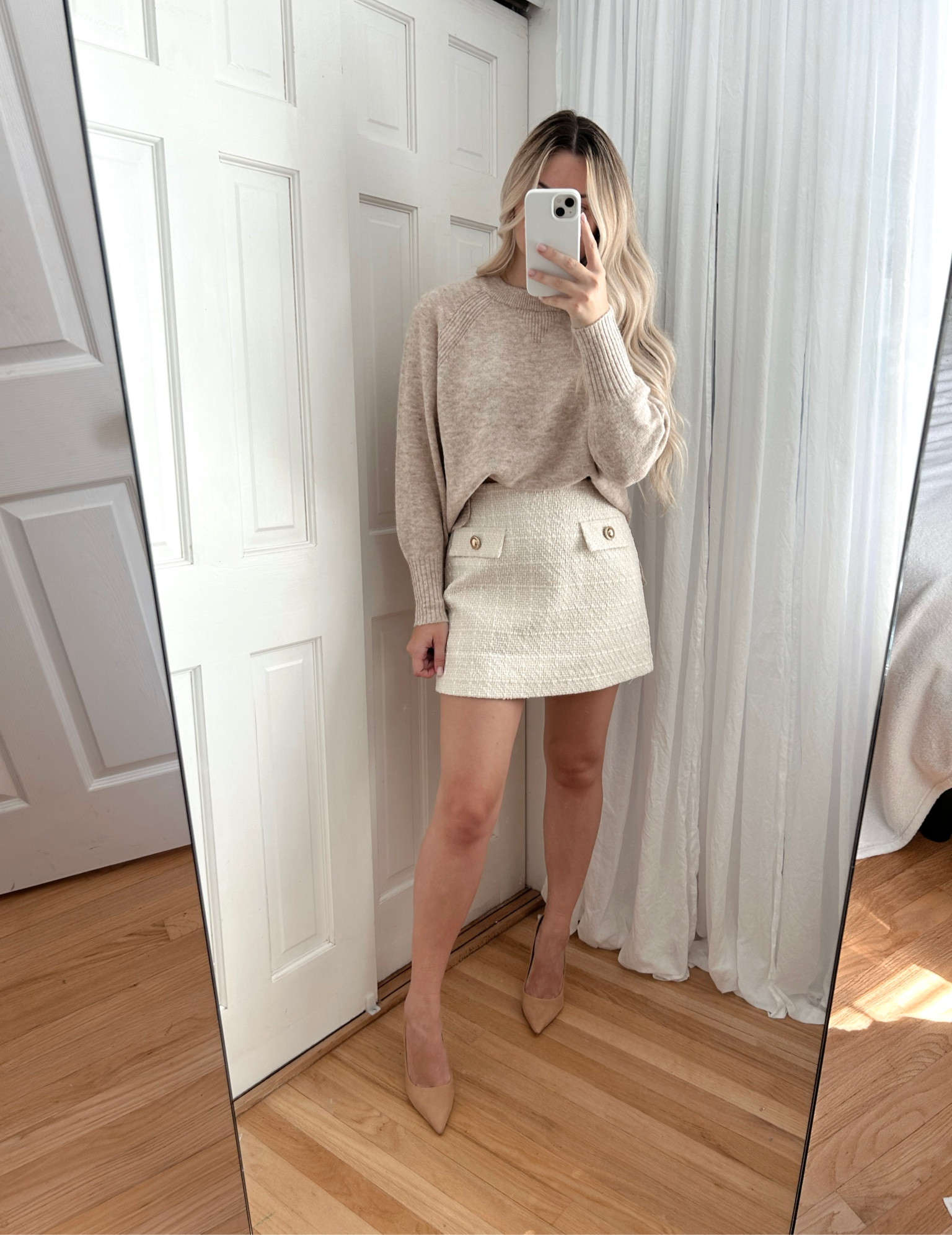 Fall outfit idea 🍂 wearing size small in the sweater and size US4 in the skirt, also adore these heels they’ve been a closet staple for years 🤎

#LTKfindsunder100 #LTKfindsunder50 #LTKworkwear