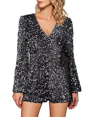 EXTRO&VERT Sequin Romper for Women Sparkly One Piece Jumpsuit Long Sleeve Disco Party Outfit | Amazon (US)