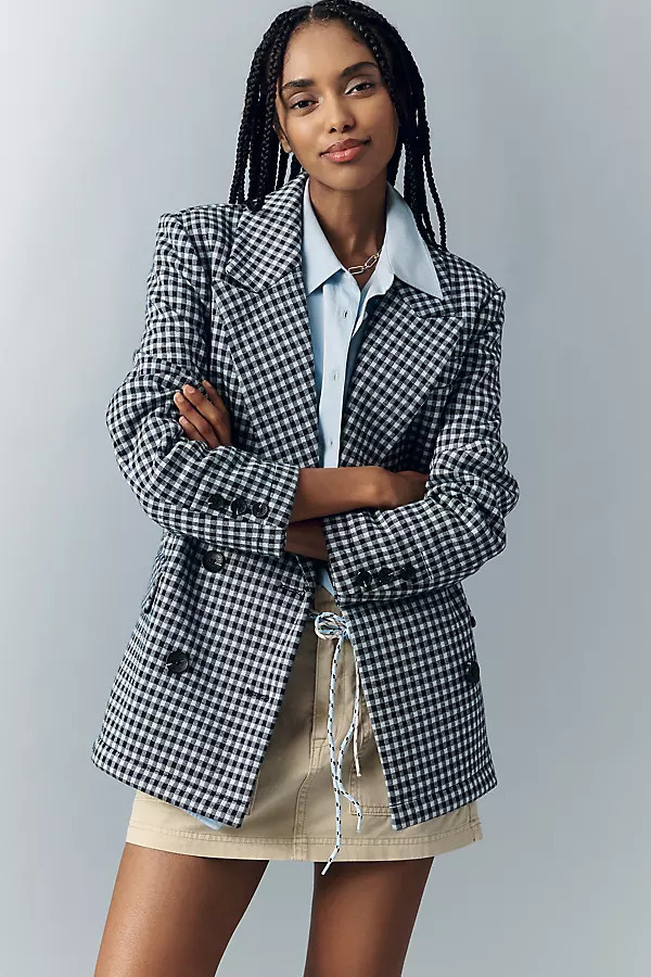 Double-Breasted Knit Plaid Blazer Jacket | Anthropologie (US)