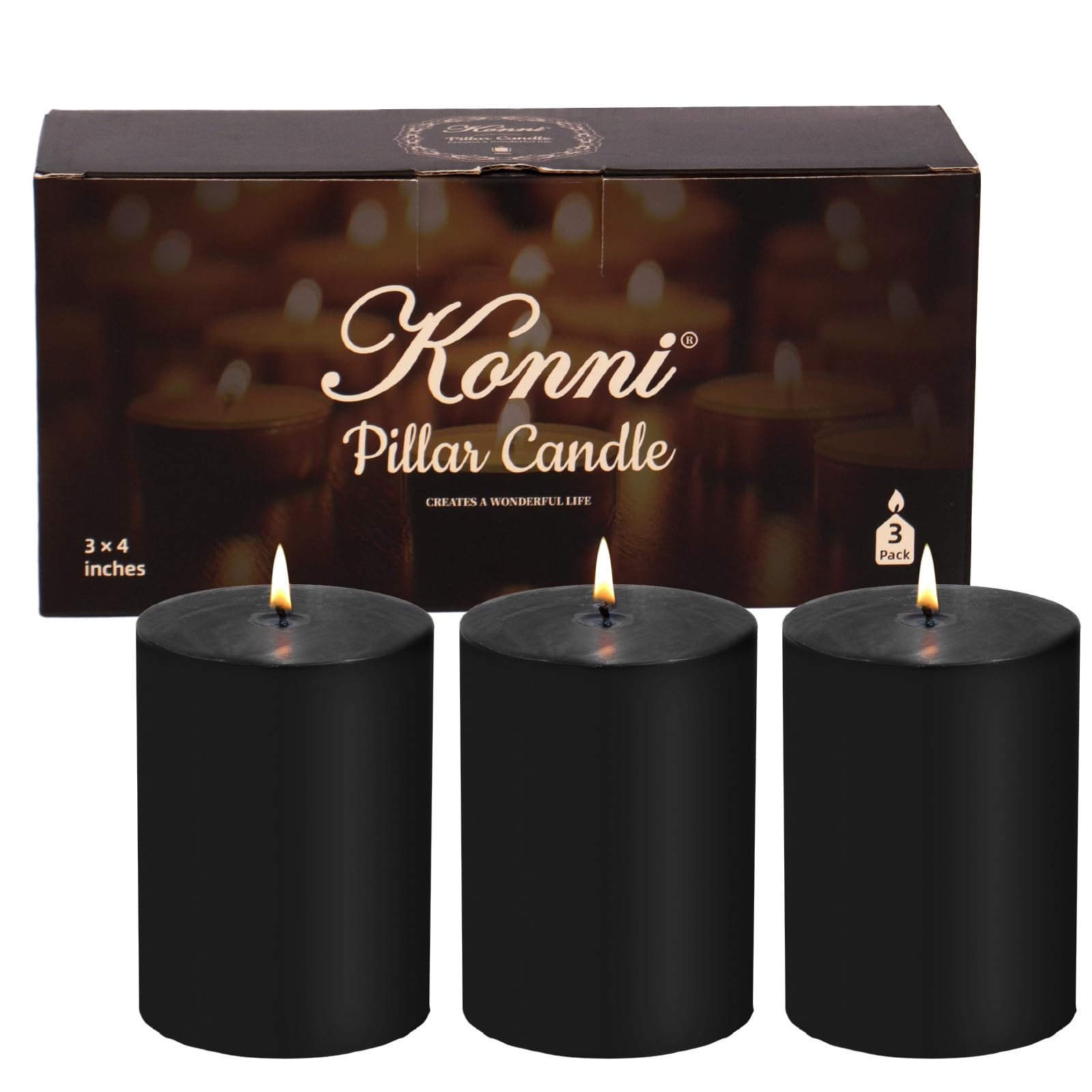 KONNI Black Pillar Candles Set of 3, 3"x 4" Unscented Pillar Candles Bulk, 39 Hours Long Burning ... | Amazon (US)