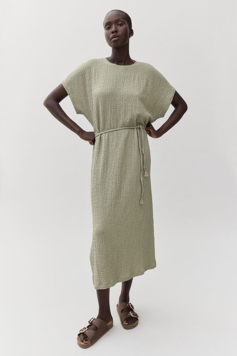 Tie-belt Textured Jersey Dress - Light khaki green - Ladies | H&M US | H&M (US + CA)