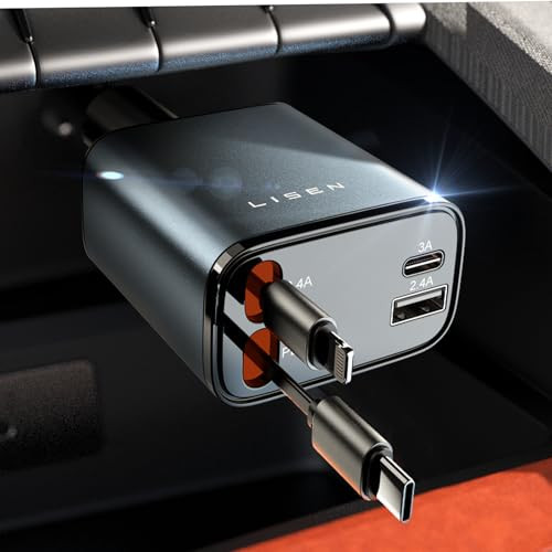 LISEN 4 in One Retractable iPhone Car Charger Cigarette Lighter Adapter [69W], Fast Charge USB C Car Charger Adapter with Retractable Cord Cable, Car Organization for iPhone 15 Pro Max Plus 14 13 12 | Amazon (US)