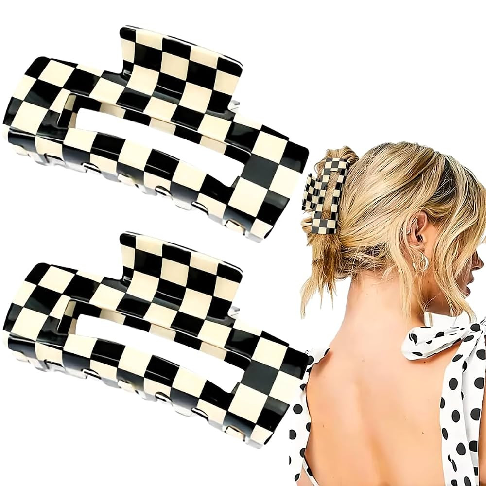 2 PCS Checkered Hair Claw Clips Square Checker Barrettes Cute Non Slip Hair Jaw Clips Strong Hold... | Amazon (US)