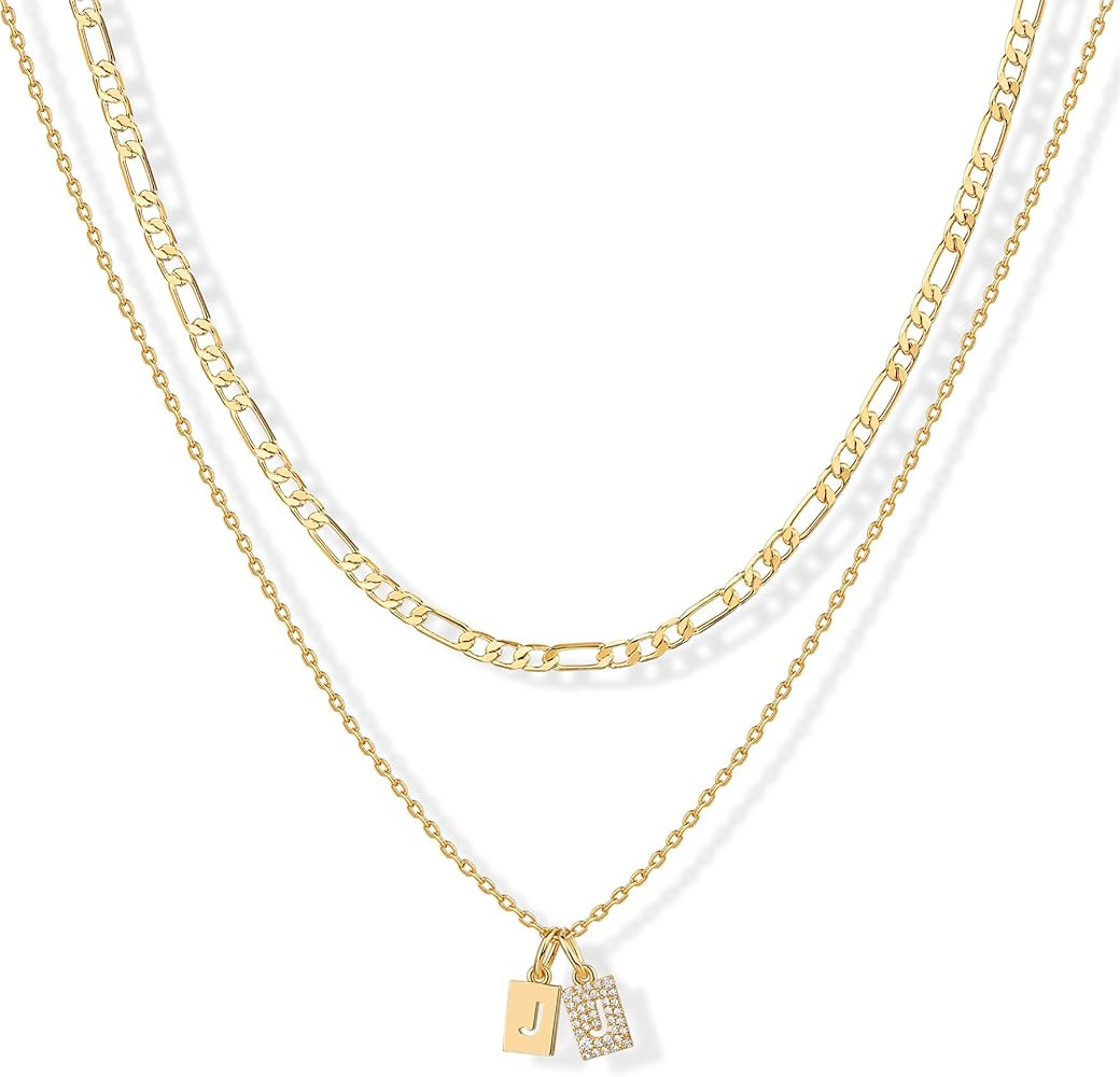 PAVOI 14K Gold Plated Initial Letter Double Dog Tag Pendant Necklace | Dainty Cubic Zirconia Lett... | Amazon (US)