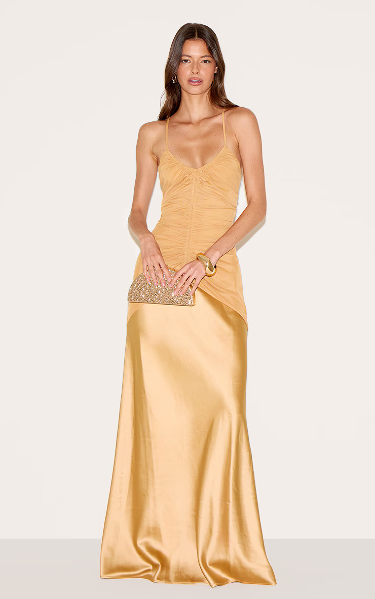 Mustard Ruched Detail Satin Maxi Slip Dress | Dresses | PrettyLittleThing US