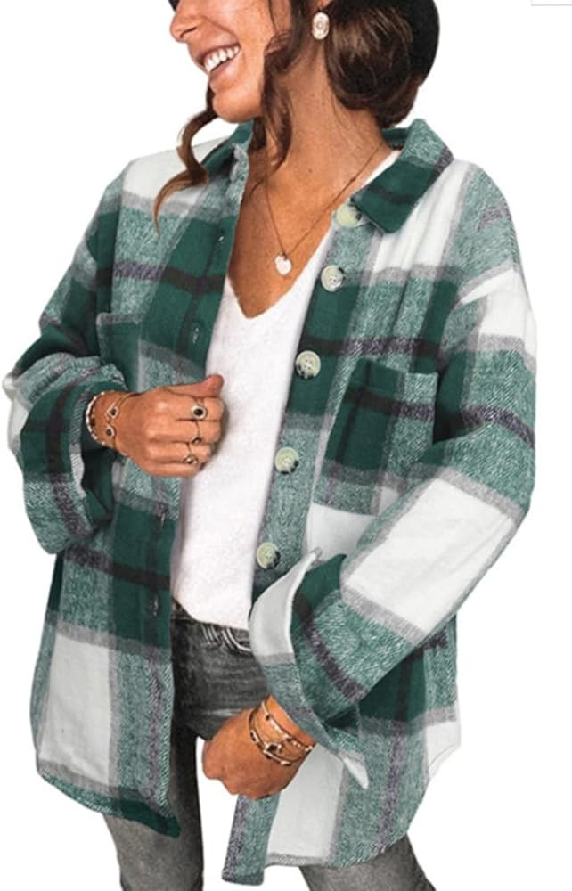 Women's Brushed Plaid Shirts Long Sleeve Flannel Lapel Button Down Cardigan Boyfriend Shacket Jac... | Amazon (US)