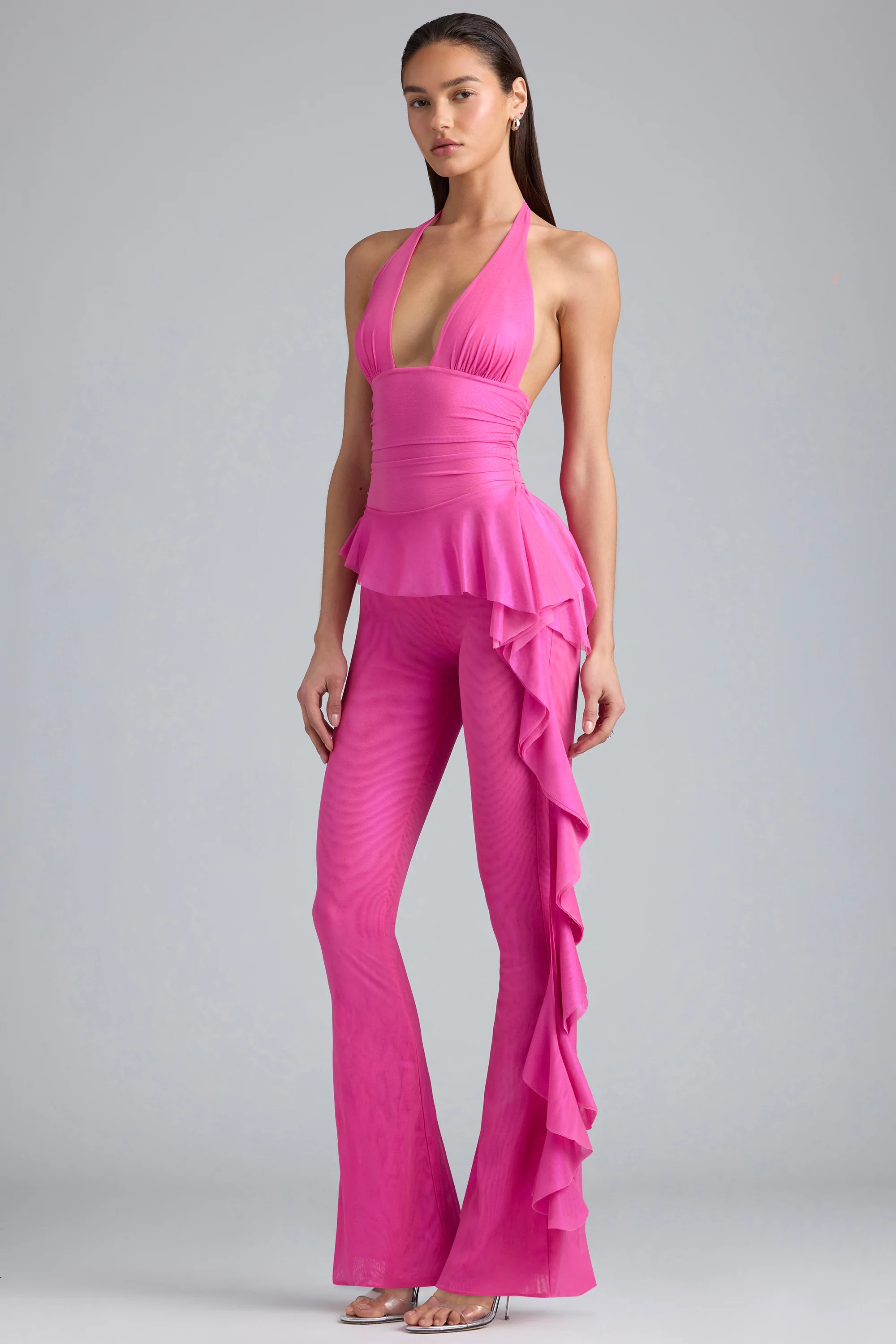 Metallic Ruffle Low-Rise Flared Trousers in Bubblegum Pink | Oh Polly
