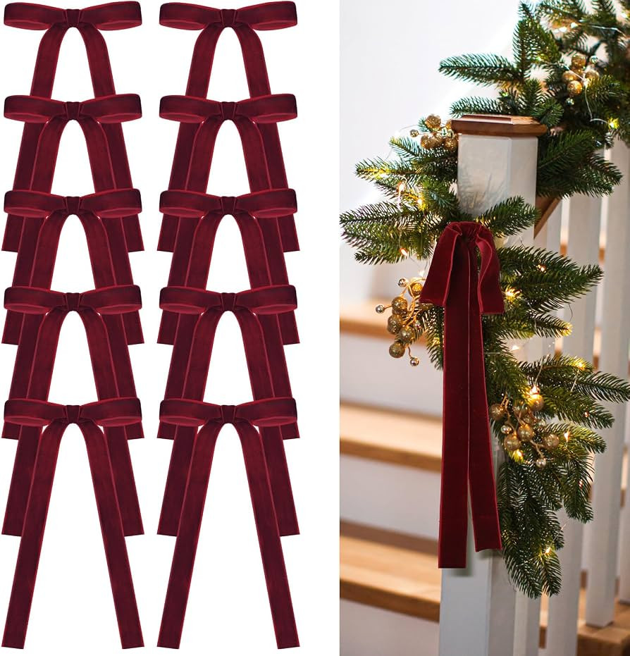 24 Pcs Velvet Christmas Tree Bow, 9x13,1" w, Burgundy | Amazon (US)