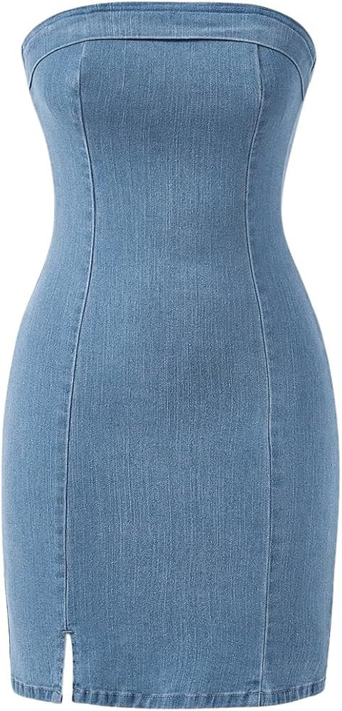 Floerns Women's Summer Strapless Tube Split Hem Bodycon Denim Dress | Amazon (US)