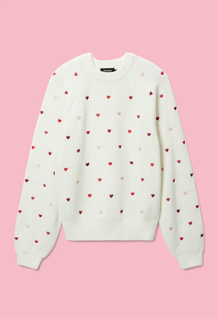 Pull uni en maille de coton avec broderies coeurs | Monoprix Mode