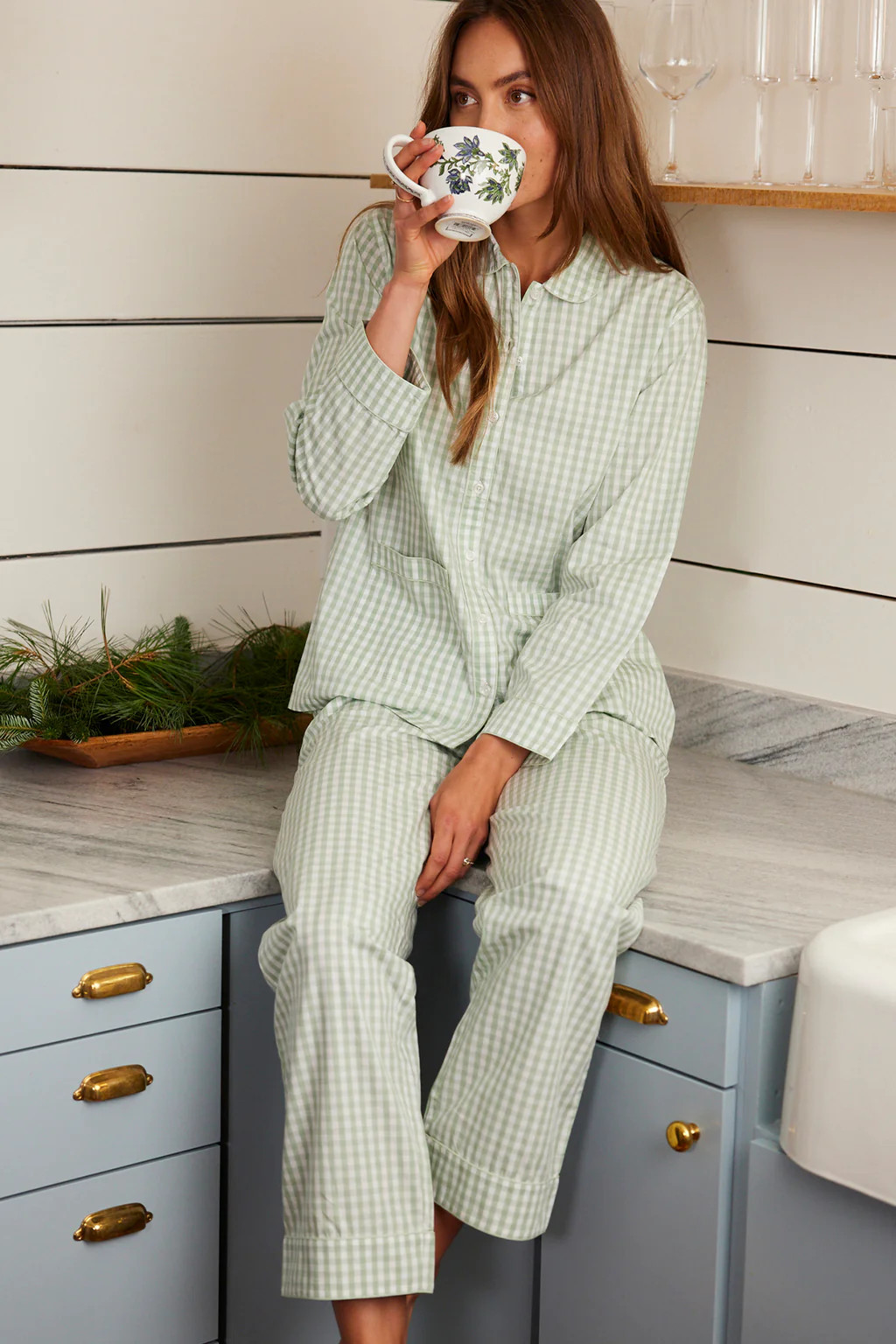 Poplin Piped Pants Set in Aloe Gingham | Lake Pajamas