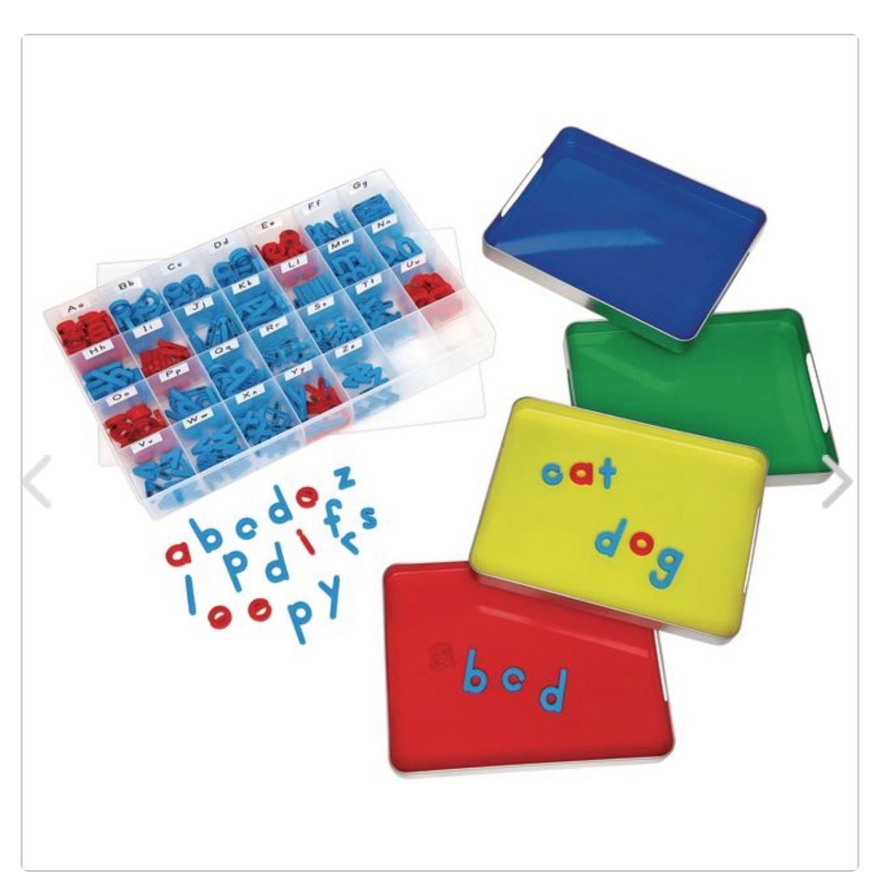 Trays of magnetic letters for small groups. My school wrote the letters in the tray with a sharpie for easy matching! 