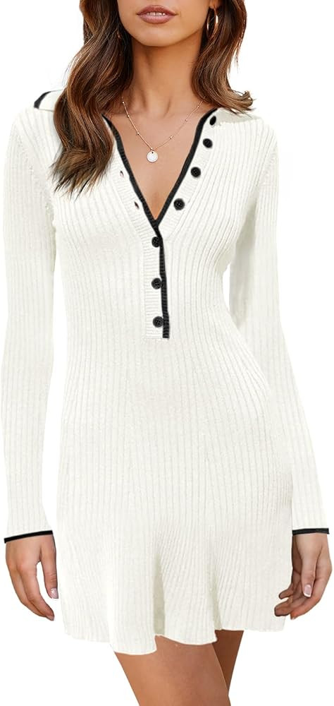 Saodimallsu Womens V Neck Long Sleeve Sweater Dress Button Down Collared Ribbed Knit Slim Fit Bod... | Amazon (US)