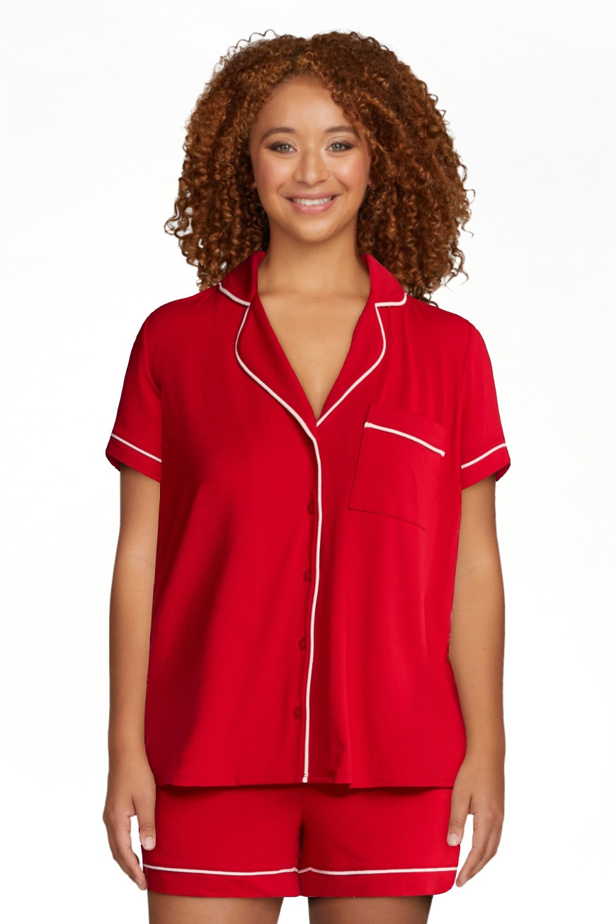 Joyspun Women’s Dreamy Soft Collection Notch Collar Knit Top and Boxer Shorts Pajama Set, Sizes... | Walmart (US)