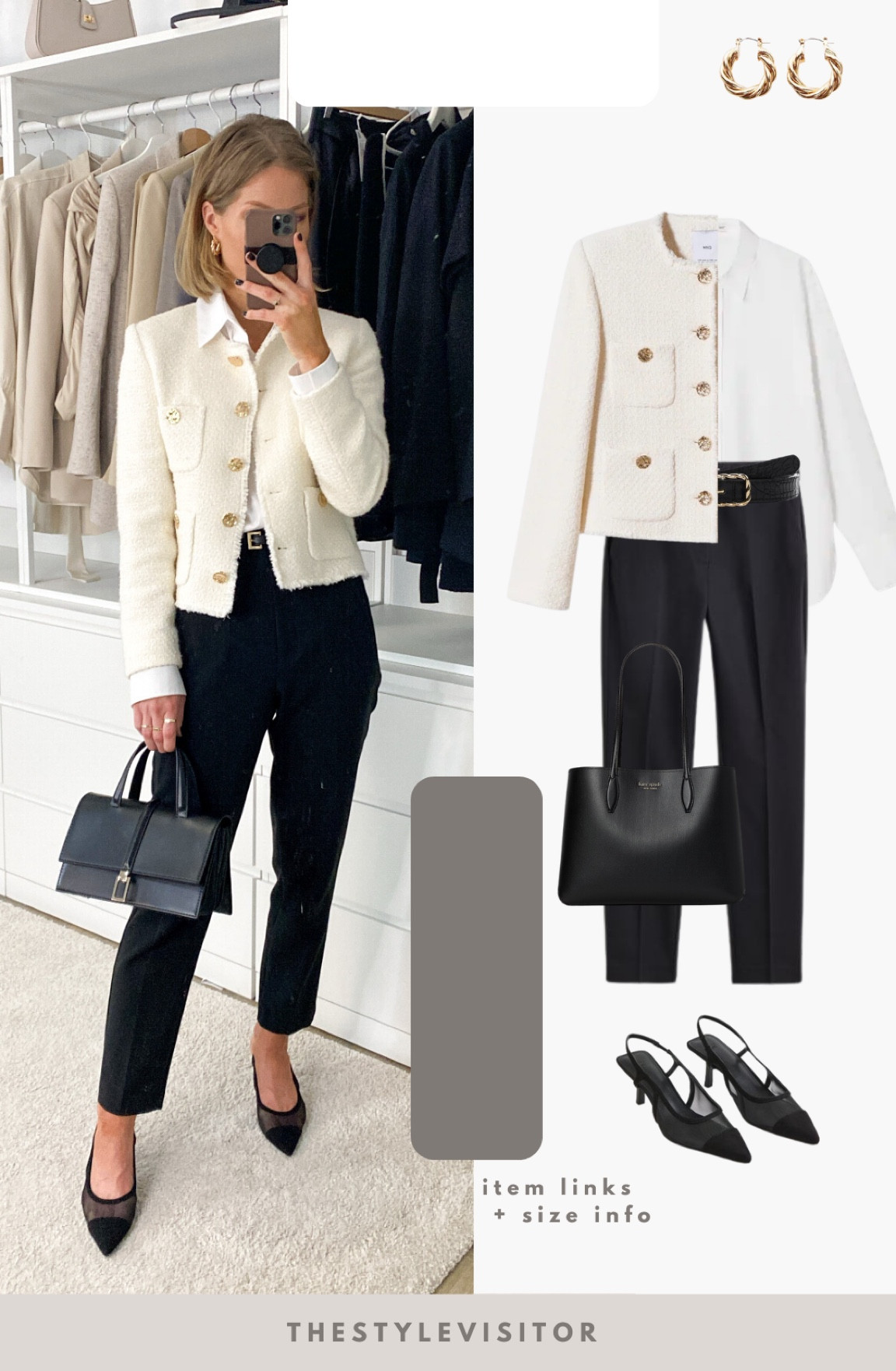 Sleek work outfit wearing cream tweed jacket with golden details. Normal black slacks and white shirt. Super simple! Wearing s jacket and 34 in slacks (size up!), shirt is old so linked a dupe. Read the size guide/size reviews to pick the right size.

Leave a 🖤 to favorite this post and come back later to shop

#workwear #office outfit #office look #ootd #black trousers 

#LTKstyletip #LTKworkwear #LTKSeasonal