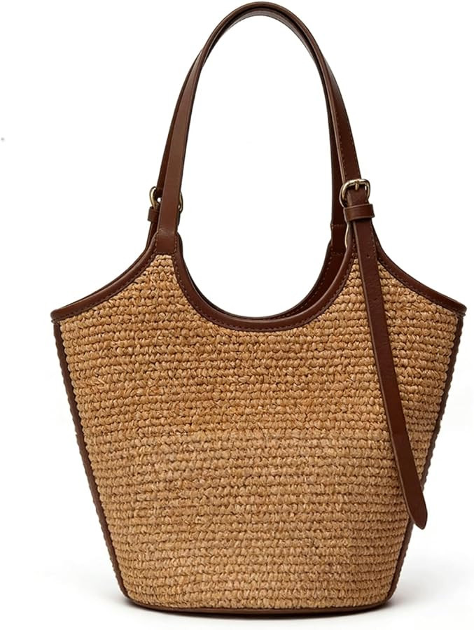 Straw Purse Slouchy Hobo Bag Woven Boho Bohemian Bucket Tote Leather Trim Summer Vacation Beach S... | Amazon (US)