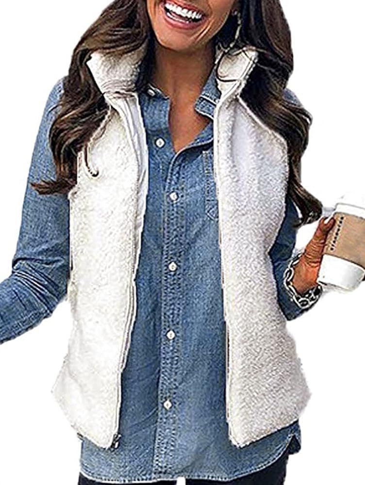 MEROKEETY Women's 2023 Winter Casual Sherpa Fleece Lightweight Fall Warm Zipper Vest with Pockets | Amazon (US)