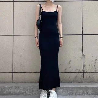 Spaghetti Strap Maxi Bodycon Dress Black - One Size | YesStyle Global