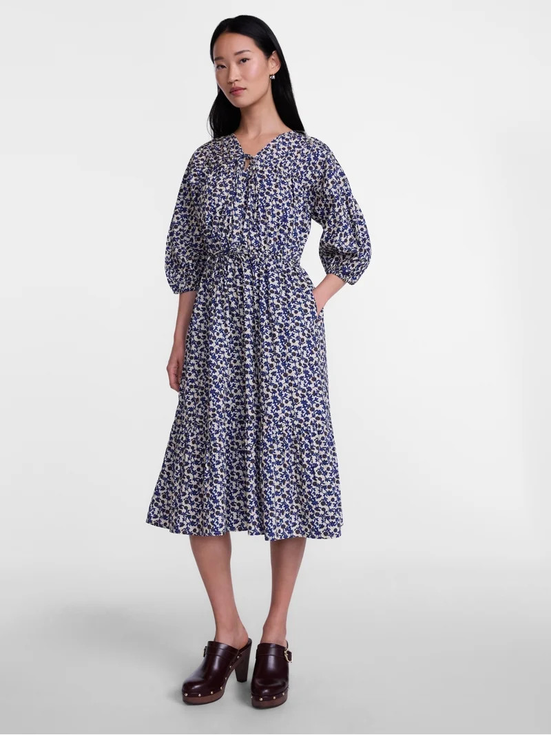 Scenario Women's and Women's Plus Midi Dress with Puff Sleeves, Sizes XS-4X | Walmart (US)