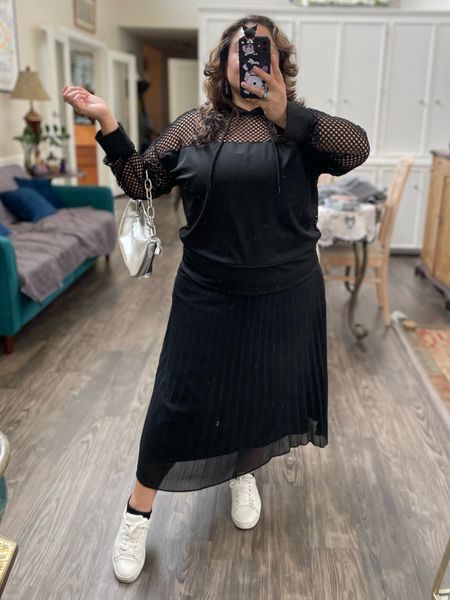 Brunch and grocery shopping fit! Black net hoodie, fabletics shiny sports bra, DKNY Pull On Pleated Maxi Skirt, white sneaker, silver hand bag. This pleated skirt can be casual and elevated with a few accessory updates. 

#LTKover40 #LTKstyletip #LTKmidsize