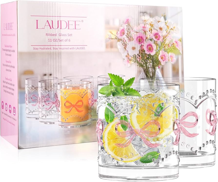 11OZ Ribbed Glass Coffee Cups Set of 6, Vintage French-Style Glasses with Delicate Pink Bow and D... | Amazon (US)