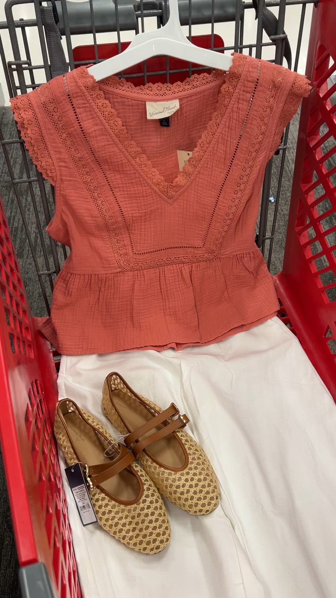 Target spring outfit idea with this pretty crochet detail blouse and white pants, woven mary Jane ballet flats. #targetstyle 