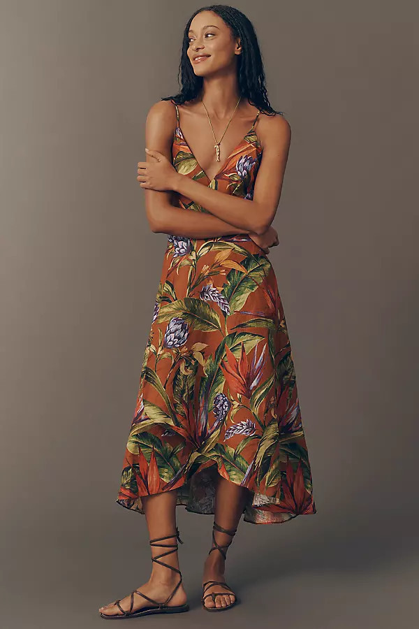 Florart Linen Sleeveless Plunge Midi Dress | Anthropologie (US)