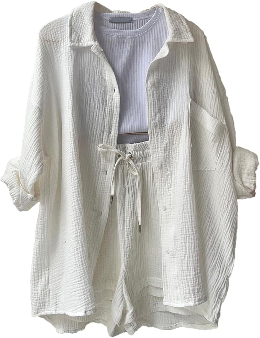 ELLENWELL Women's 2-Piece Outfit Set Lounge Tracksuit Long Sleeve Button Shirts and Shorts | Amazon (US)