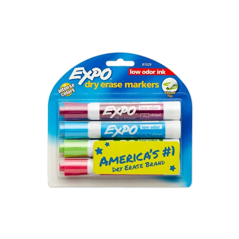 Expo Low Odor Dry Erase Markers, Chisel Tip, Assorted Intense Colors, 4 Pack | Walmart (US)