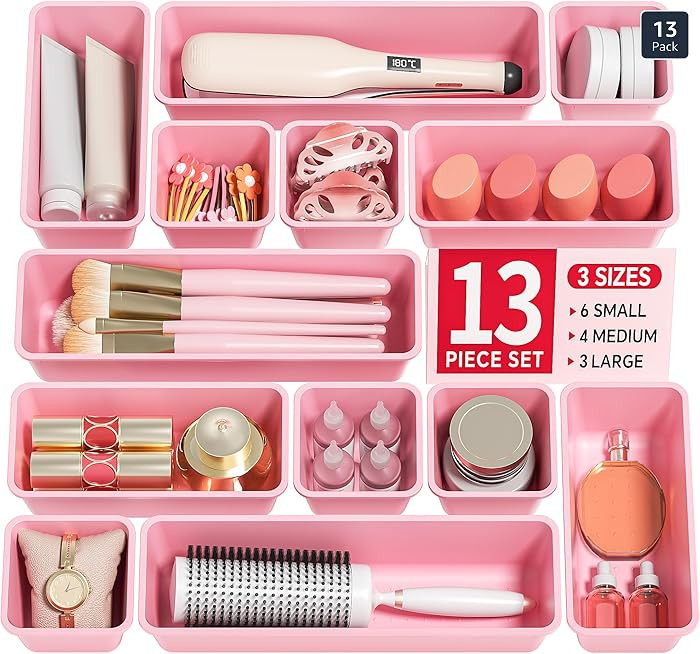Canfanni 13 Pack Plastic Drawer Organizers Set, 3 Sizes Desk Drawer Organizer Trays for Vanity an... | Amazon (US)