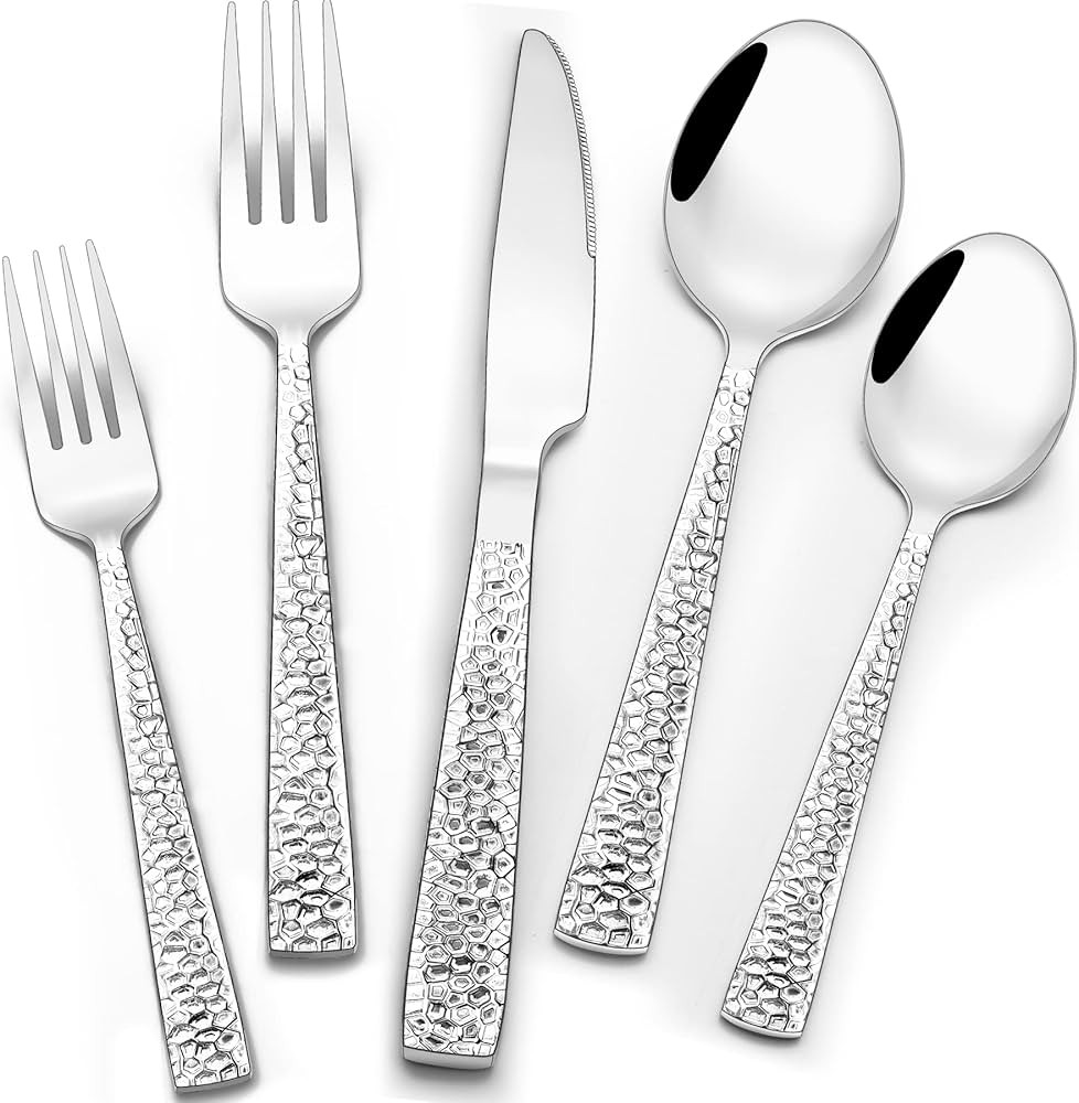 Hammered Silverware Set, Wildone 30-teiliges Edelstahl-Besteck für 6 Personen, lebensmittelechte... | Amazon (DE)