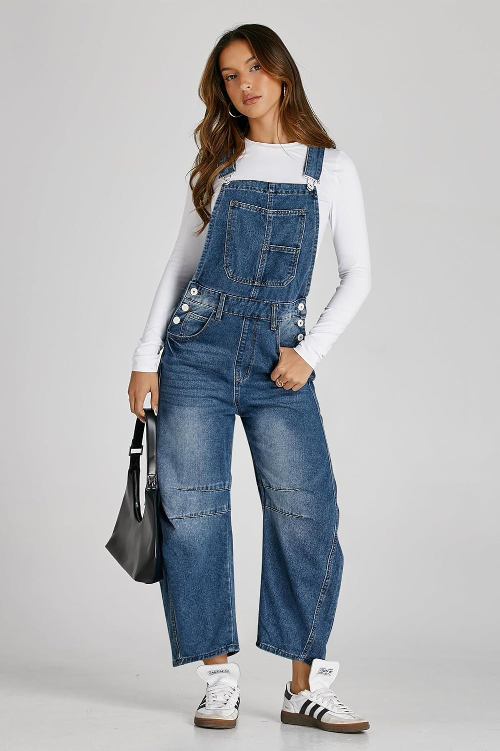 Womens Denim Bib Overalls Barrel Leg Adjustable Strap Jean Jumpsuit | Amazon (US)