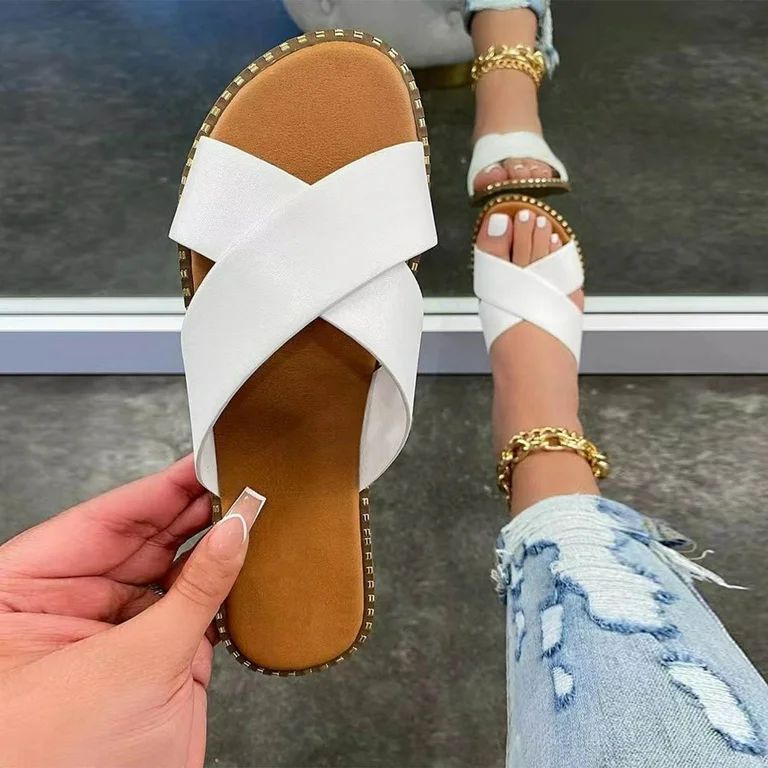 absuyy Slide Sandals for Women- New Style Casual Open Toe Summer Flat Slide Sandals #348 White-10 | Walmart (US)
