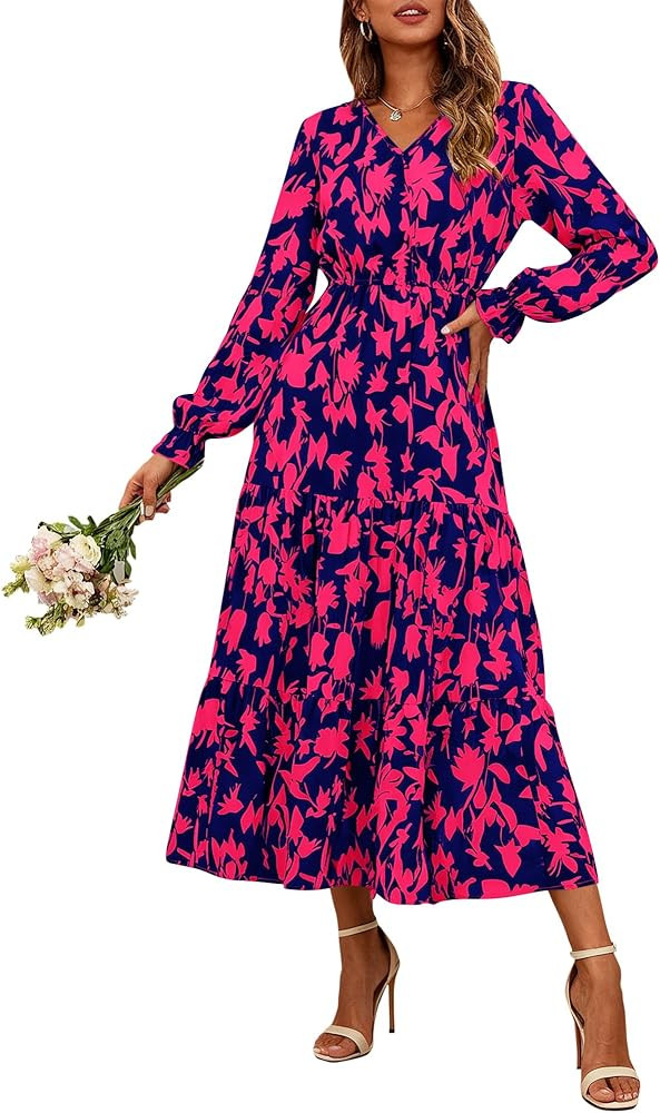BTFBM Women Fall Dresses 2025 Casual Long Sleeve V Neck Maxi Dresses Floral Boho Long Dress Weddi... | Amazon (US)